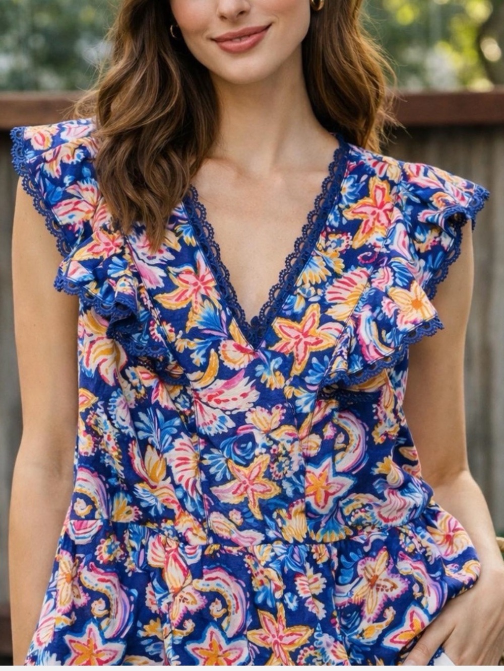 Nanette Lepore Blue Floral Lace-Trim top, size small